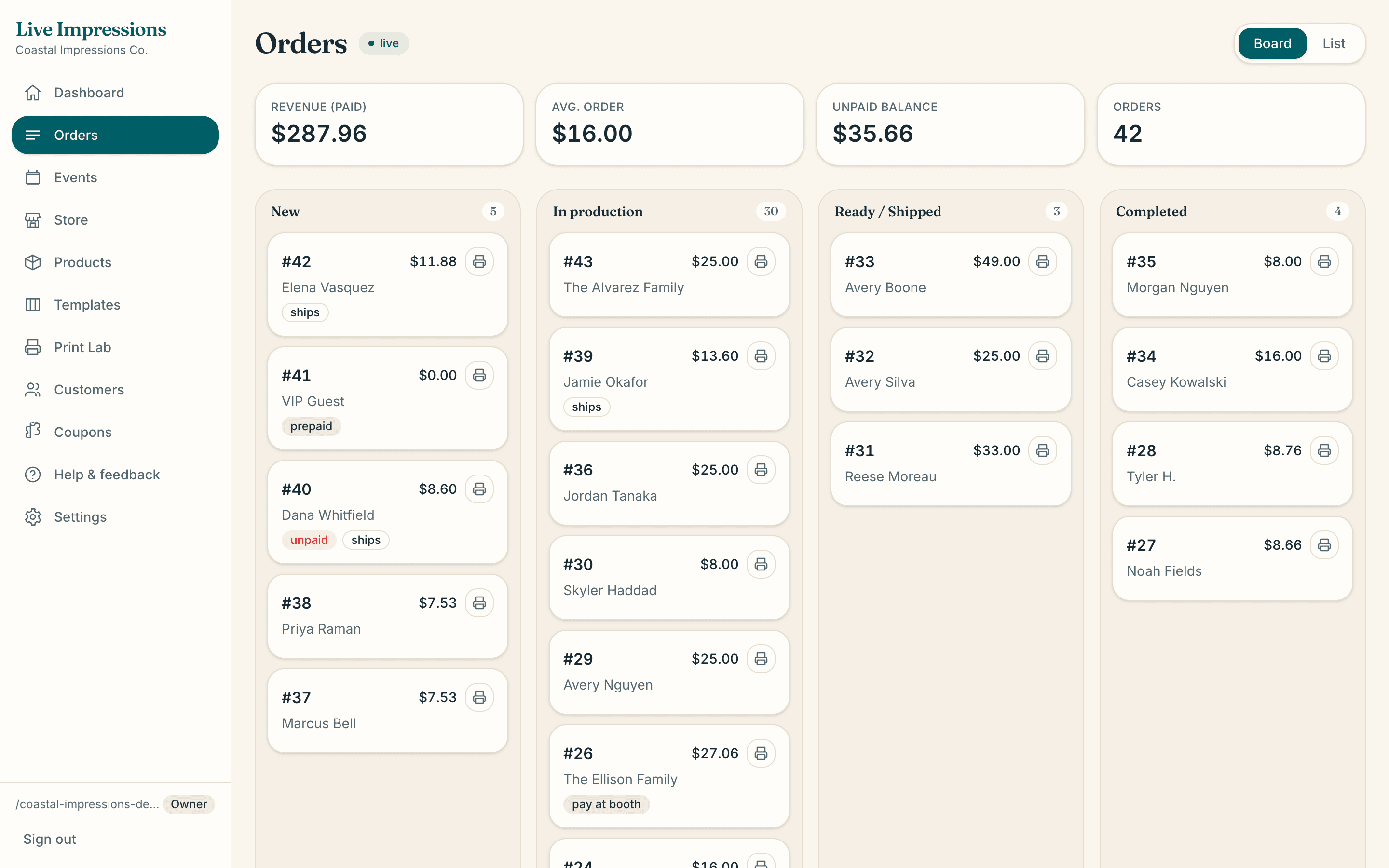 The live order board: new, in production, ready, completed — with real orders