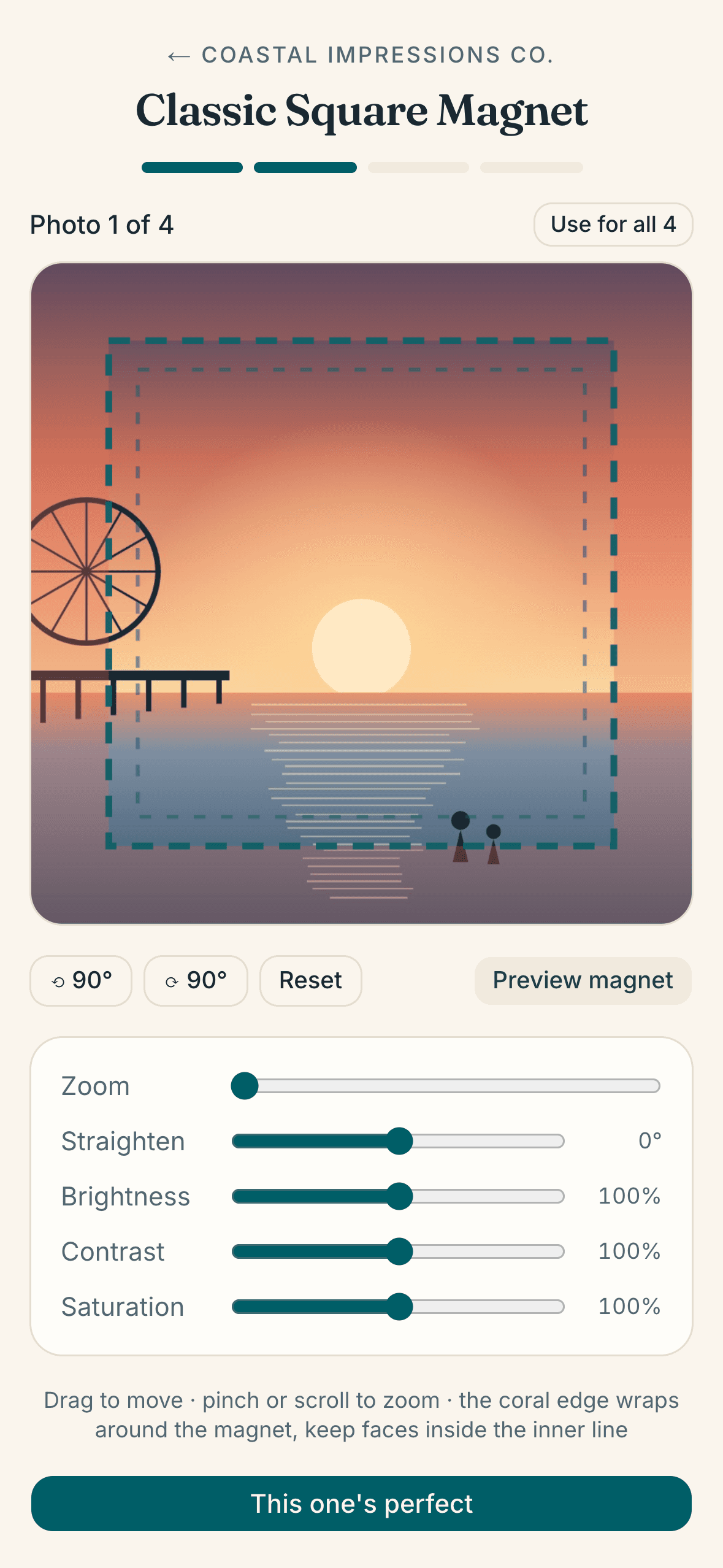 The photo editor mid-crop, with bleed and safe-area guides over a sunset photo